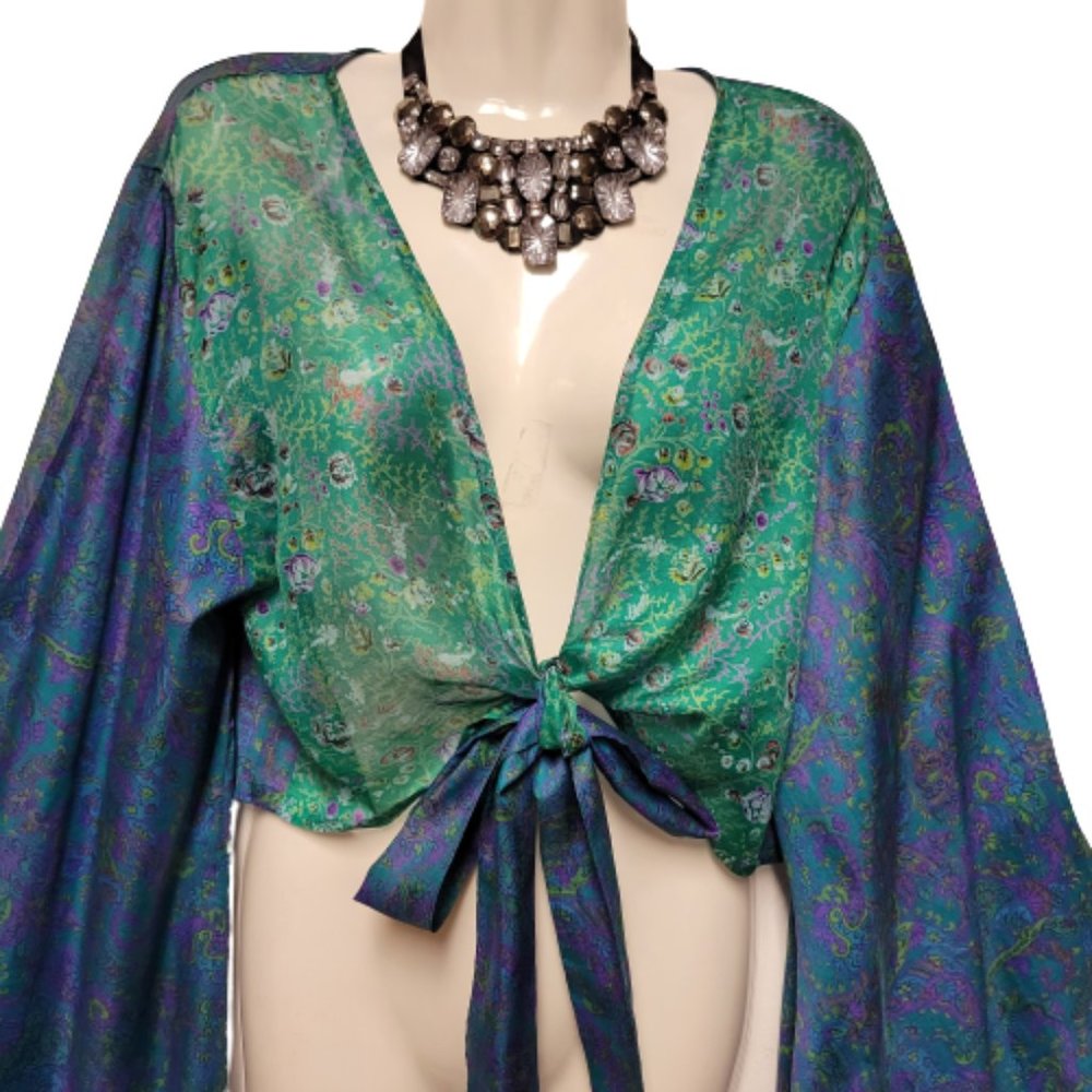 SILK Bolero Top Crop Top Coverup Silk Blazer Short Jacket Butterfly Sleeve Top L - Picture 3 of 10